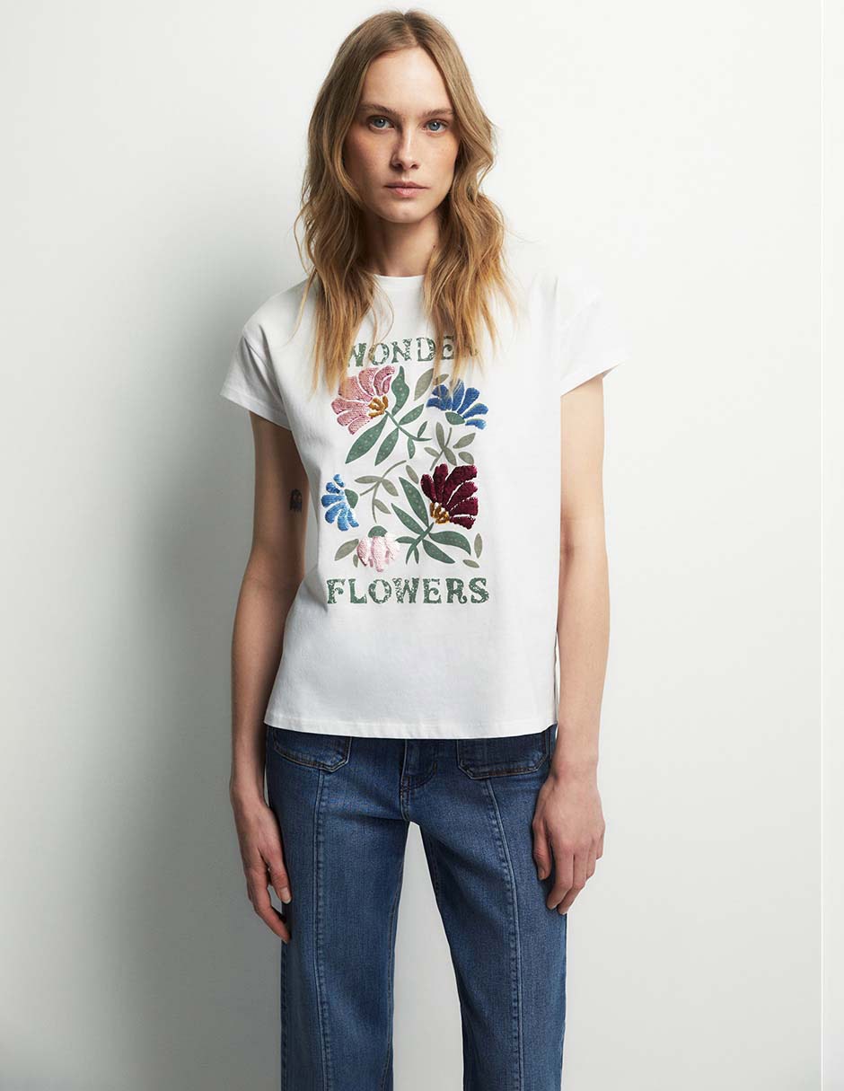 Camiseta cuello redondo escote con cuello manga corta de algodón