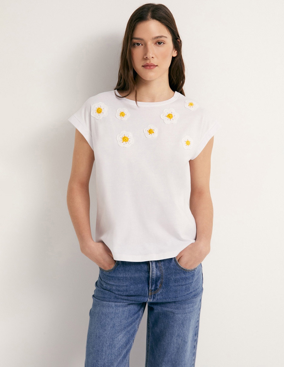 Camiseta mc detalle crochet sfera para mujer